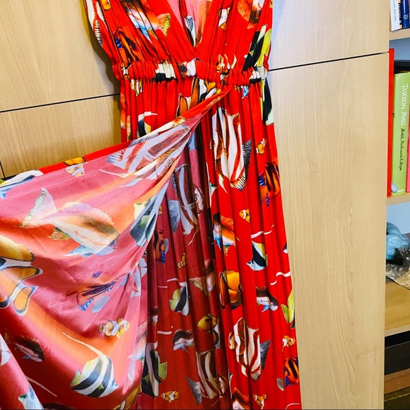 Silk beach maxi dress w/ deep V, slit to waist - Picture 3 of 7